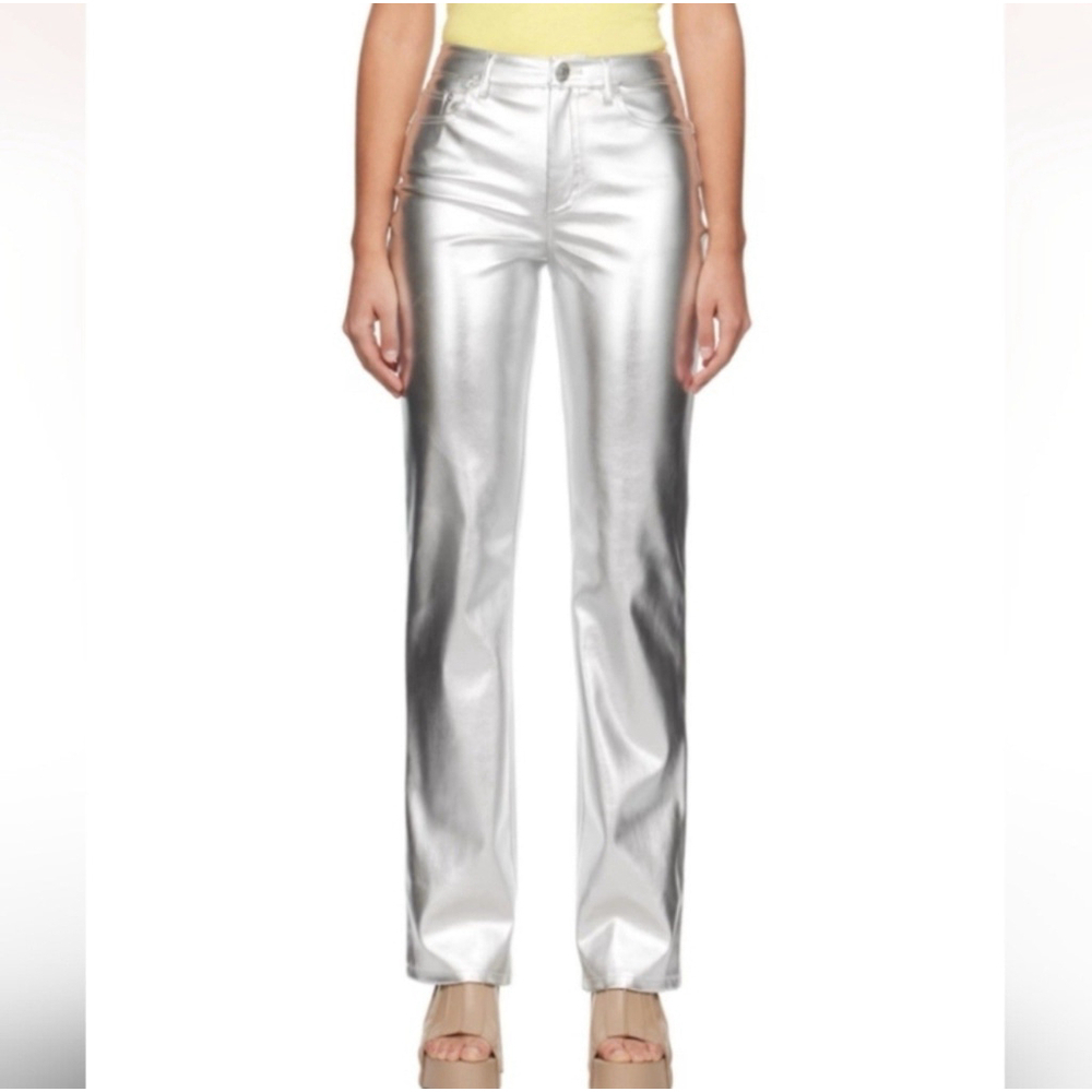 Staud Silver Chisel Faux Leather Straight Leg Hi-Rise Shiny Trousers NEW Size 8